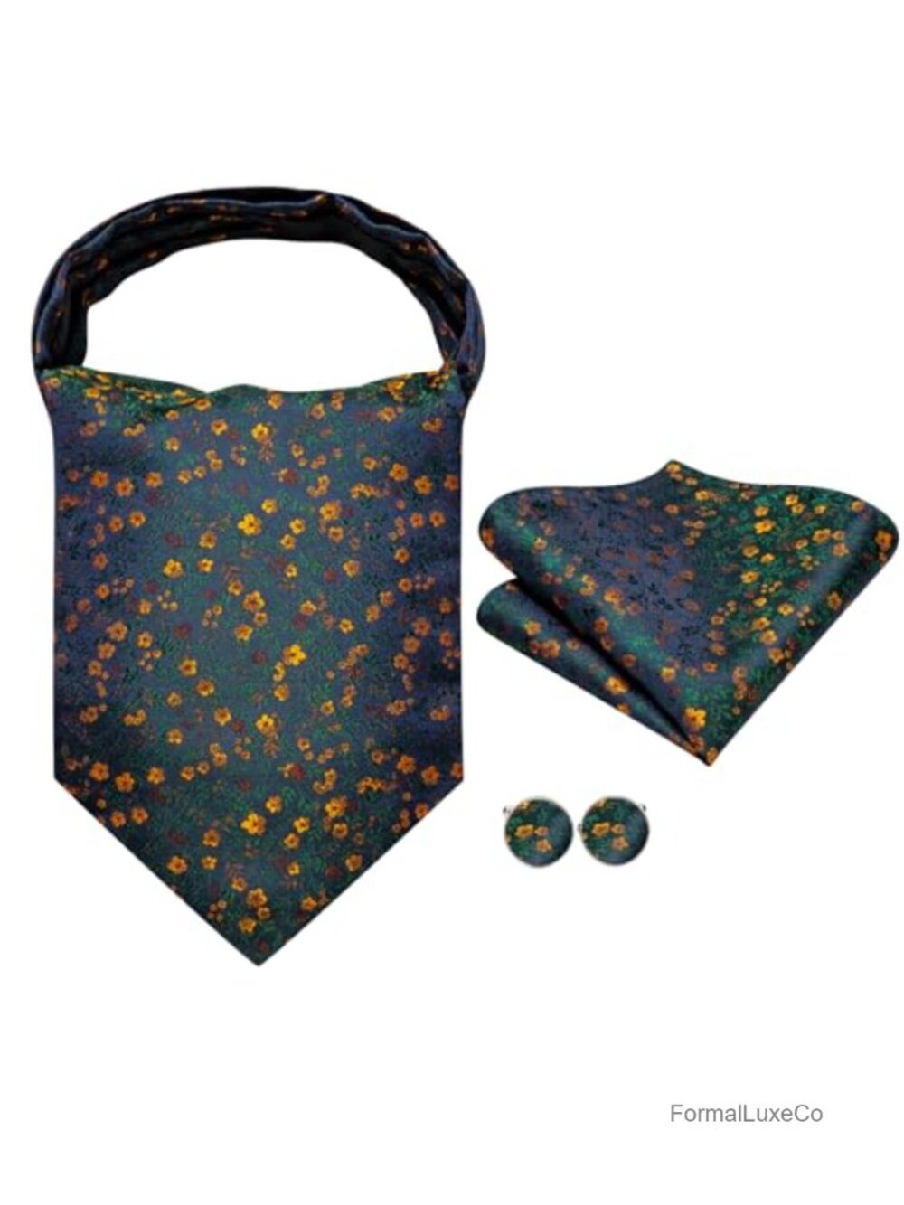 Silk Ascot Tie Set with Pocket Square Cufflinks & Lapel Pin - Picture 2 of 4